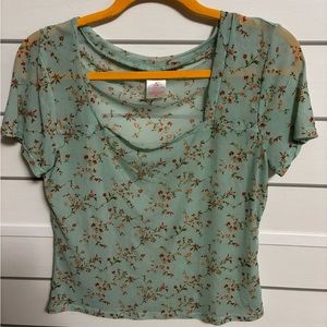 Teal Floral Mesh Blouse